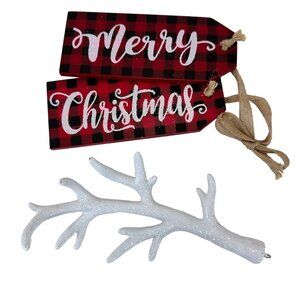 Christmas Ornaments Plaid Wood Tags & Glitter Antler Ornament 2019 Farmhouse NEW